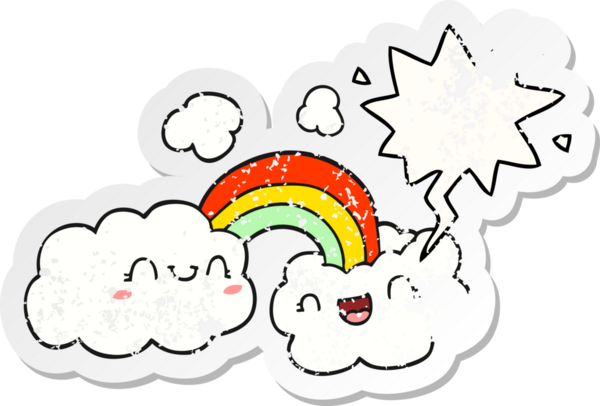 Mutlu karikatür bulutları ve gökkuşağı. Konuşma baloncuğu. Bir insan tarafından çizilmiş sıkıntılı eski bir çıkartma.