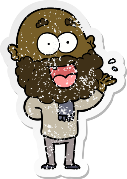 Çizgi film çıkartması sakallı, çılgın, mutlu bir adam bir insan tarafından çizilmiş.