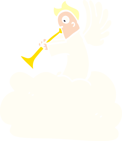 Bir insan tarafından çizilmiş trompetle bulutların üzerindeki karalama meleği.