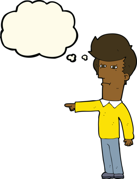 Bir insan tarafından çizilen düşünce baloncuğuyla suçlanan çizgi film adamı.