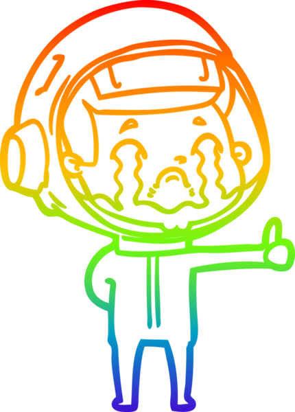 Gökkuşağı gradyan çizgi çizimi bir insan tarafından çizilmiş ağlayan astronot