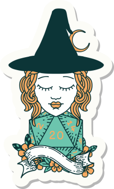 Bir insan büyücüsünün çıkartması. Bir insan tarafından çizilmiş 20 D20 zarlı.