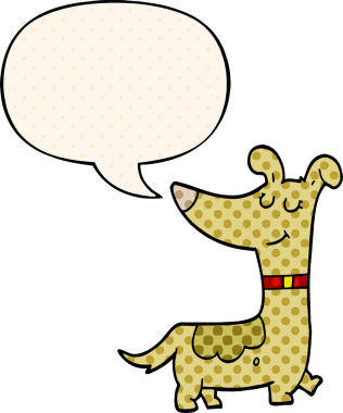 Bir insan tarafından çizilmiş çizgi roman tarzında konuşma balonu olan çizgi film köpeği.