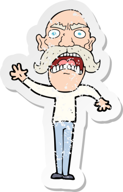 Bir insan tarafından çizilmiş kızgın yaşlı bir adamın gerilmiş çıkartması.