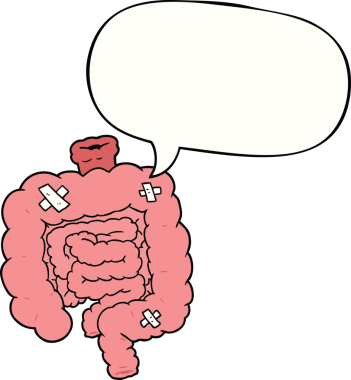 Karikatür, insan tarafından çizilmiş konuşma baloncuklarıyla bağırsakları onardı.