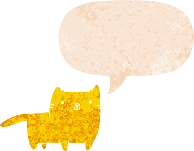 grunge 'da konuşma balonu olan çizgi film kedisi bir insan tarafından çizilmiş dertli retro desenli