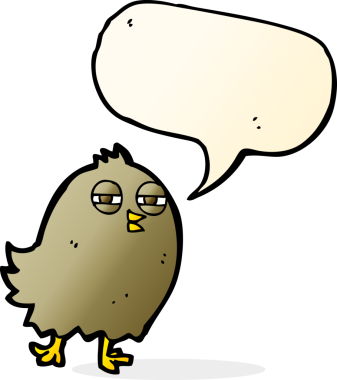 Bir insan tarafından çizilmiş konuşma baloncuklu komik çizgi film kuşu.