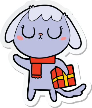 Bir insan tarafından çizilmiş Noel hediyeli şirin bir köpeğin çıkartması.