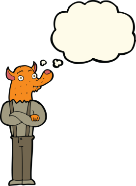 Bir insan tarafından çizilmiş düşünce balonlu tilki kafalı karikatür adam.