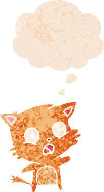 grunge 'da düşünce baloncuğu olan çizgi film kedisi bir insan tarafından çizilmiş dertli retro desenli