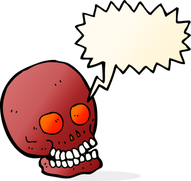 Bir insan tarafından çizilmiş, konuşma baloncuklu bir kafatası.