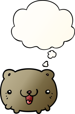 Bir insan tarafından çizilmiş yumuşak eğimli düşünce baloncuklu komik çizgi film ayısı.