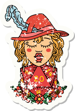 Bir insan şairin, doğal 20 zar atışıyla bir insan tarafından çizilmiş grunge etiketi.