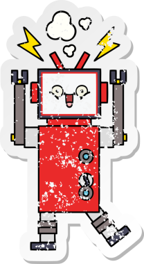 Bir insan tarafından çizilmiş sevimli bir robot çizgi film çıkartması.