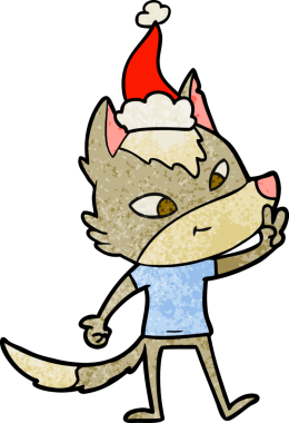 Bir insan tarafından çizilmiş Noel Baba şapkasıyla barış işareti yapan bir kurt resmi.