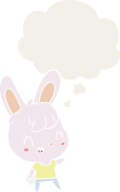 Düşünce baloncuklu çizgi film tavşanı insan tarafından çizilmiş.