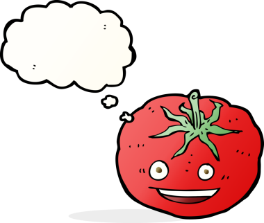 Bir insan tarafından çizilmiş düşünce baloncuklu domates.