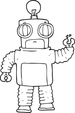 Bir insan tarafından çizilmiş siyah beyaz robot çizimi.