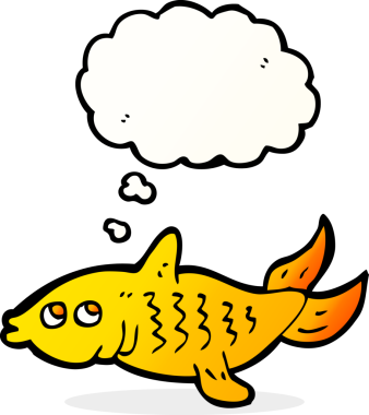 Bir insan tarafından çizilmiş düşünce baloncuklu çizgi film balığı.