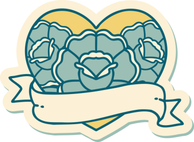 Geleneksel kalp stili dövme çıkartması ve bir insan tarafından çizilmiş çiçekli pankart.