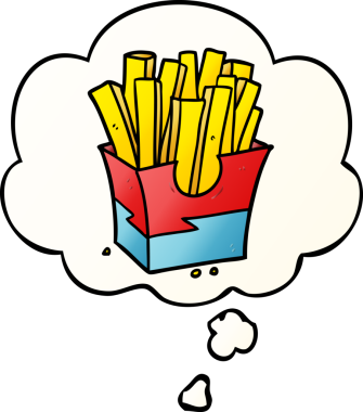 Düşünce baloncuğu olan çizgi film kızartmaları bir insan tarafından çizilmiş.