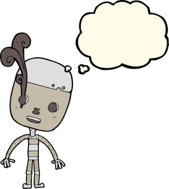 Bir insan tarafından çizilmiş düşünce baloncuklu üzgün robot çizgi filmi.