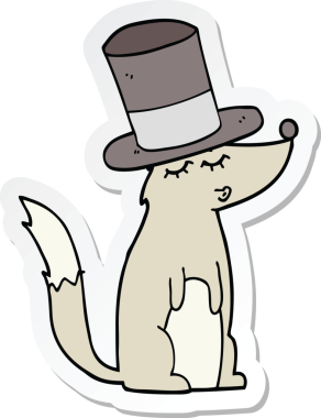 Bir insan tarafından çizilmiş silindir şapkayla ıslık çalan bir kurt çizgi film etiketi.