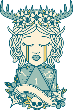 Retro Dövme Tarzı Ağlayan Elf Druid karakteri yüzü Bir insan tarafından çizilmiş doğal bir D20 zar