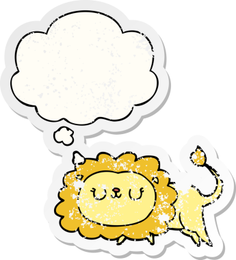 Düşünce baloncuğu olan çizgi film aslanı insan tarafından çizilmiş yıpranmış bir çıkartma.