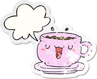 Tatlı bir karikatür fincanı ve konuşma baloncuğu olan çay tabağı bir insan tarafından çizilmiş sıkıntılı eski bir çıkartma.