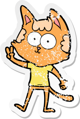 Mutlu çizgi film kedisinin sıkıntılı çıkartması bir insan tarafından çizilmiş barış işareti.