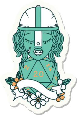 Bir insan tarafından çizilmiş 20 zarlı yarı ork savaşçı karakterinin çıkartması.