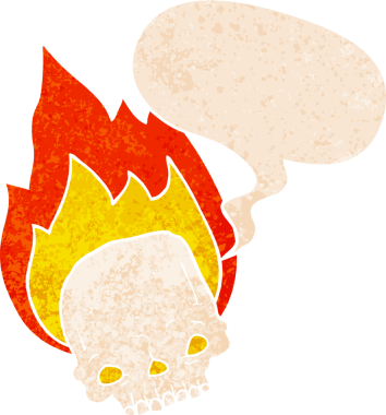 Ürkütücü karikatür alevli kafatası grunge sıkıntı retro tarzı bir insan tarafından çizilmiş