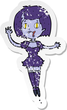 Bir insan tarafından çizilmiş mutlu vampir kız çizgi filminin gerilimli yapıştırması.