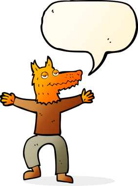 Bir insan tarafından çizilmiş konuşma balonlu tilki adam.