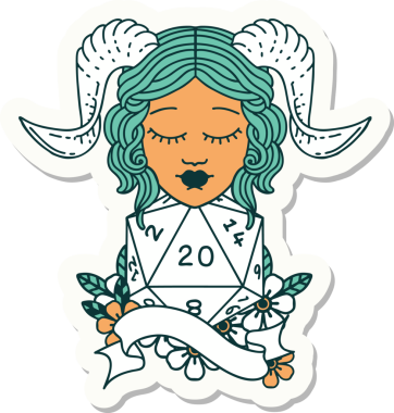 Bir insan tarafından çizilmiş doğal yirmi zarla yapıştırılmış bir etiket.