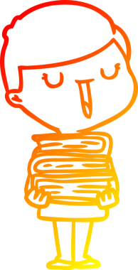 Bir insan tarafından çizilmiş kitap yığınıyla mutlu bir çocuğun çizgi film çizimi.