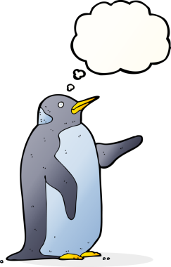 Bir insan tarafından çizilmiş düşünce baloncuklu penguen.