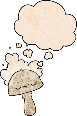 Bir insan tarafından çizilmiş grunge dokusunda düşünce baloncuğu olan karikatür mantarı.