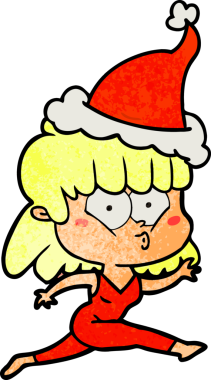 Bir insanın çizdiği Noel Baba şapkasıyla koşan bir kadının el çizimi karikatürü.