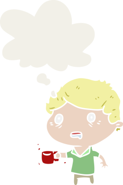 Bir insan tarafından çizilmiş düşünce baloncuklu bir fincan kahveyle çizgi film adamı.