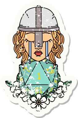 Ağlayan bir insan dövüşçüsünün grunge çıkartması. Bir insan tarafından çizilmiş doğal bir D20 ruloyla.