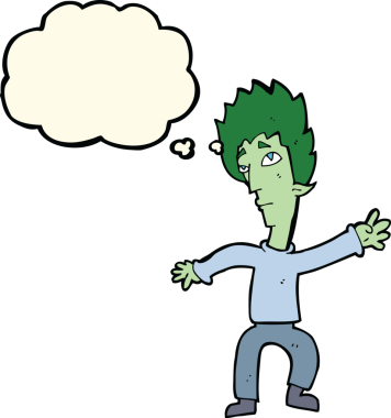 Bir insan tarafından çizilmiş düşünce balonlu vampir adam.