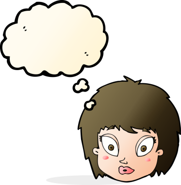 Bir insan tarafından çizilmiş düşünce baloncuğuyla kadın yüzünü şaşırtan çizgi film.