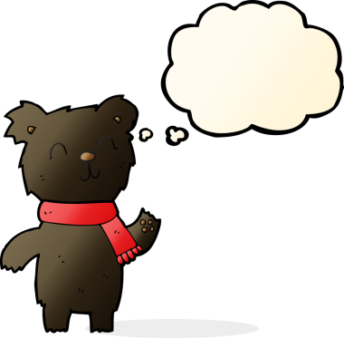 Bir insan tarafından çizilmiş düşünce baloncuğu olan sevimli siyah ayı yavrusu.