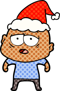 Bir insan tarafından çizilmiş Noel Baba şapkası giyen yorgun kel bir adamın el çizimi çizgi roman çizimi.