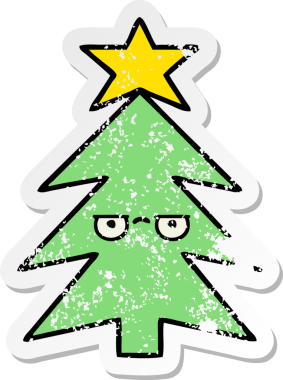 Bir insan tarafından çizilmiş şirin bir karikatür Noel ağacının sıkıntılı çıkartması.