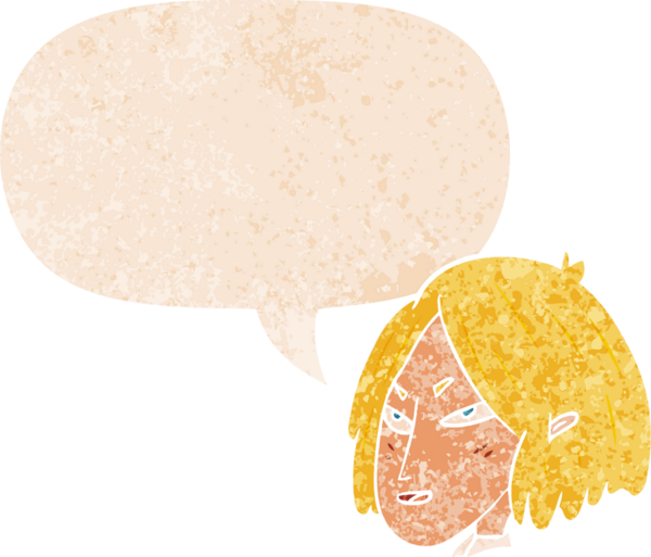 grunge 'da konuşma baloncuğu olan karikatür kadın bir insan tarafından çizilmiş dertli retro tarzı.