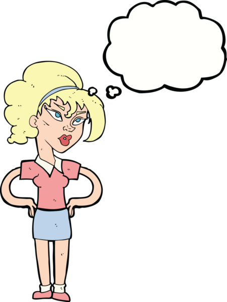 Bir insan tarafından çizilmiş düşünce baloncuğu olan elleri kalçasında çizgi film kadını.