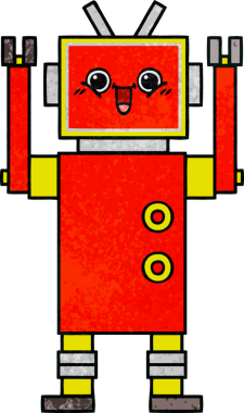 Bir insan tarafından çizilmiş mutlu bir robotun retro grunge dokusu.